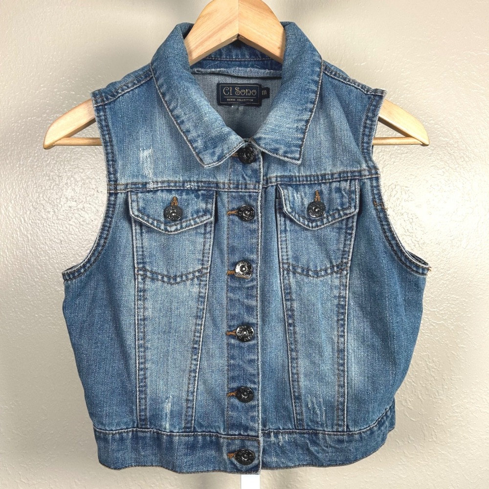 Ci Sono Denim Vest Blue Women Medium Cropped Distressed Sleeveless EUC